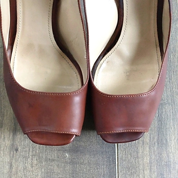 PRADA BROWN LEATHER PEEP TOE CORK HEELS WOMANS 39/9. - Picture 5 of 13